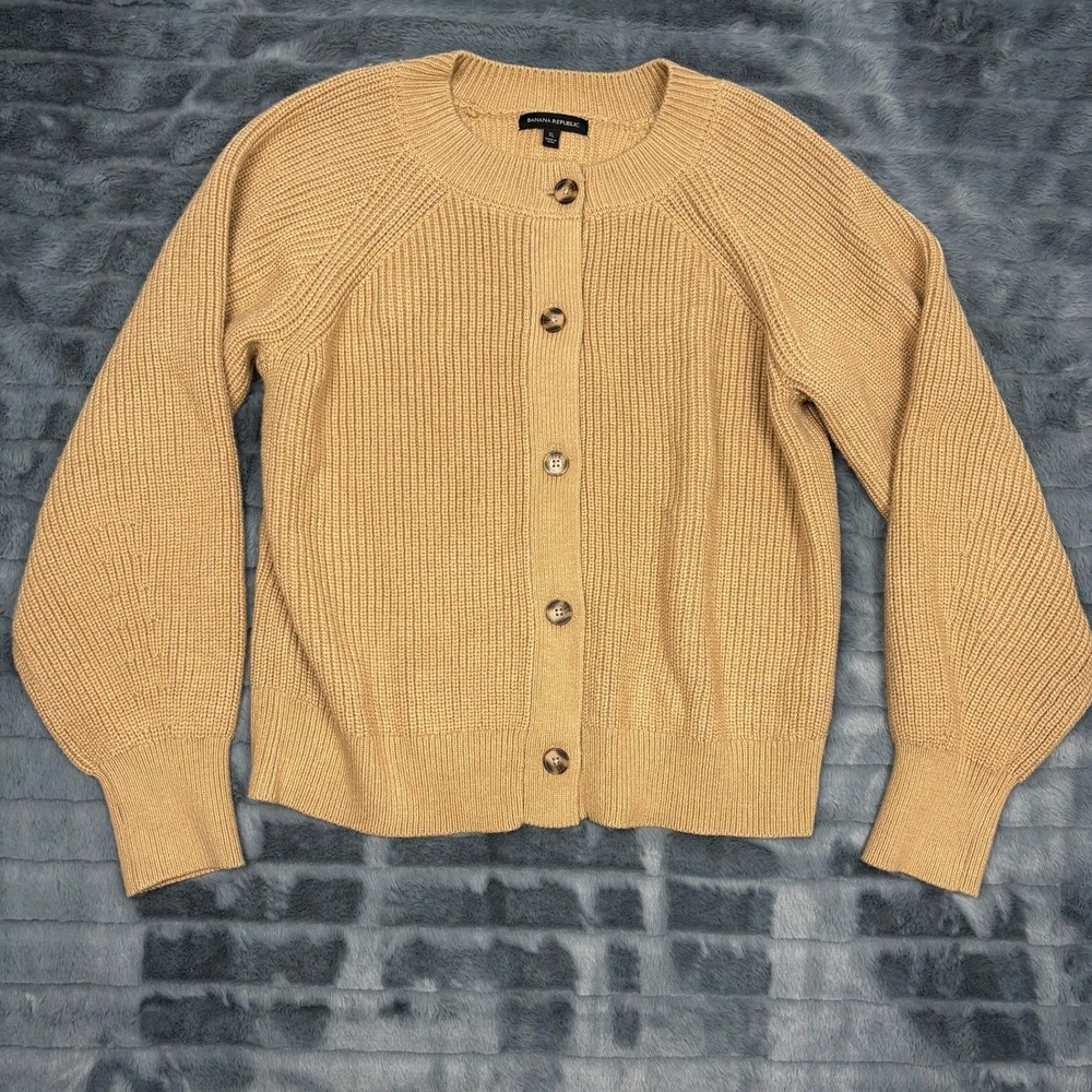 Banana Republic Camel Tan Shaker Stitch Cardigan Balloon Sleeve XL Womens